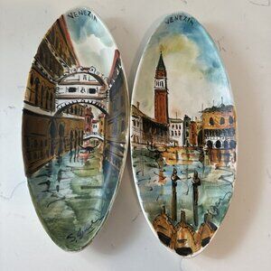 Venice Grand Canal- 2 Hand Painted Rolled Ceramic Slab Wall Hangings, Signed